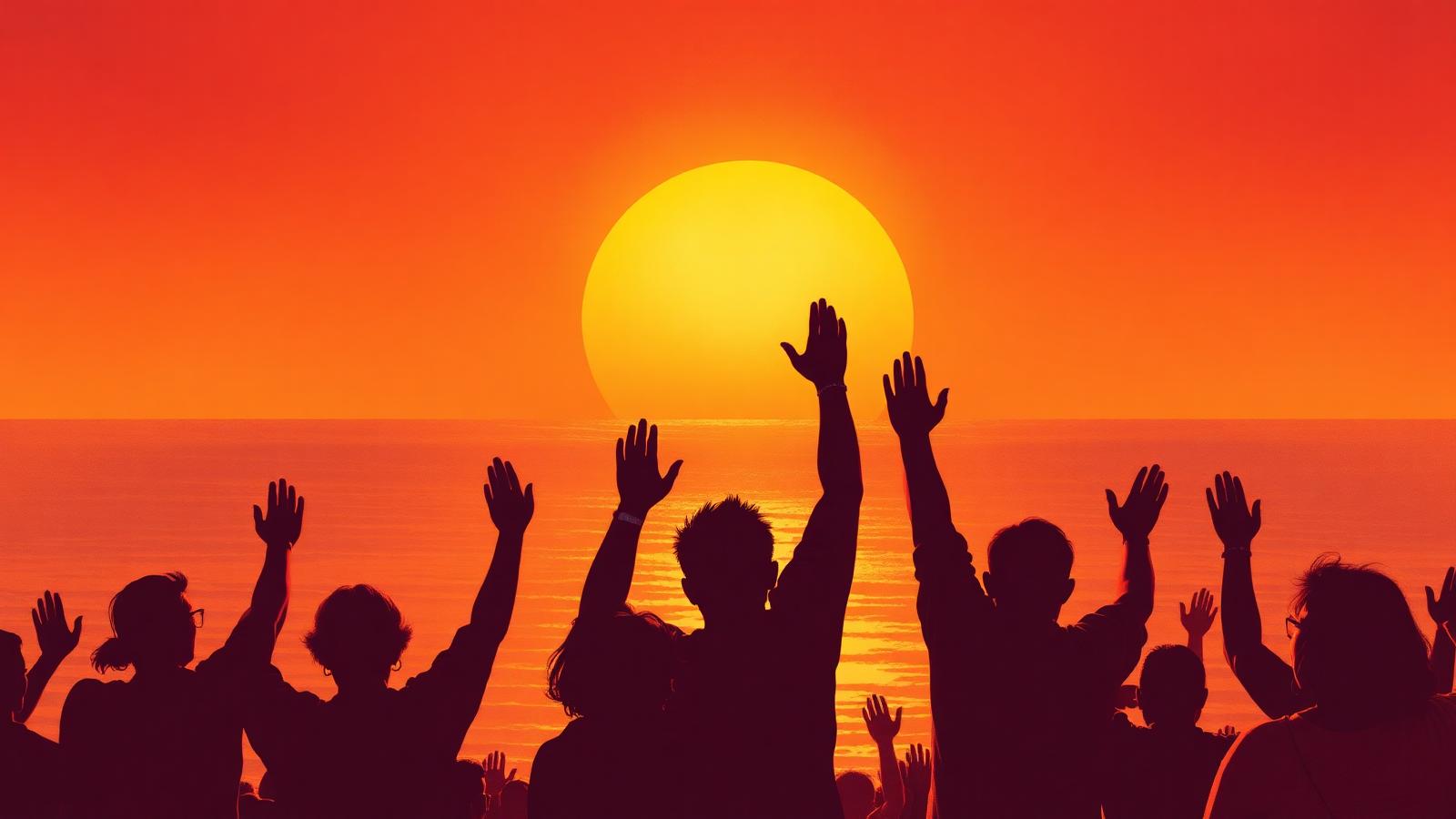 Ciudadanos de Baja California levantando la mano al amanecer en señal de agradecimiento